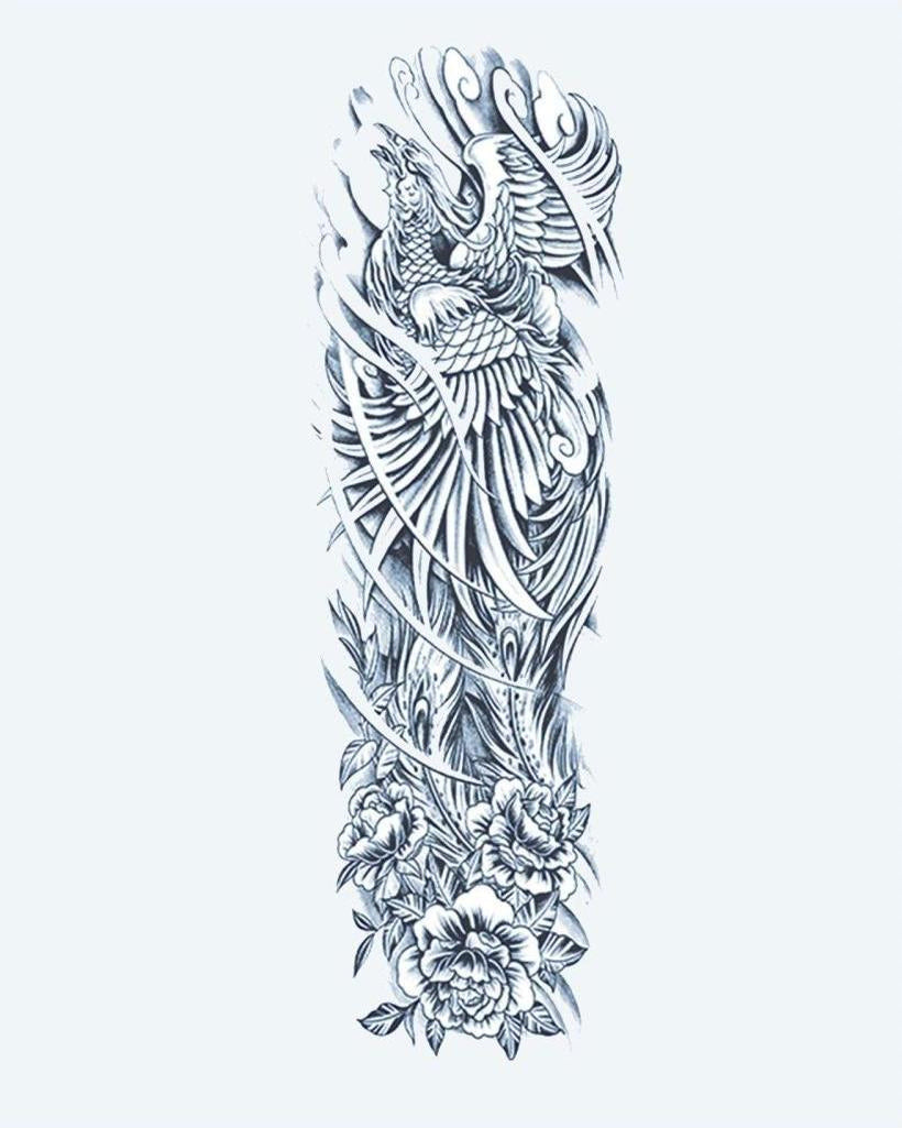 Phoenix Rising semi-permanent tattoo design by INKON – magnificent, full, sleeve, phoenix, rising illustration, 8 x 20 in (20x50cm), available at inkon.co