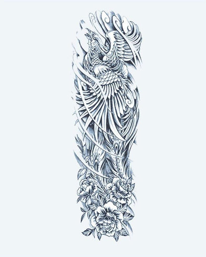 Phoenix Rising semi-permanent tattoo design by INKON – magnificent, full, sleeve, phoenix, rising illustration, 8 x 20 in (20x50cm), available at inkon.co