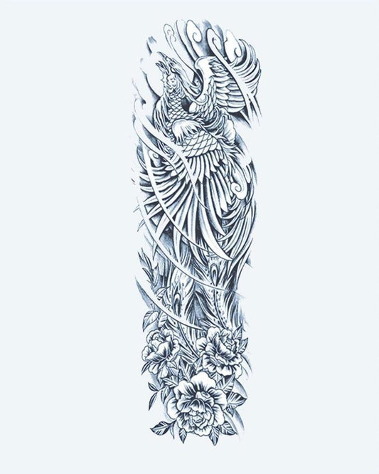 Phoenix Rising semi-permanent tattoo design by INKON – magnificent, full, sleeve, phoenix, rising illustration, 8 x 20 in (20x50cm), available at inkon.co