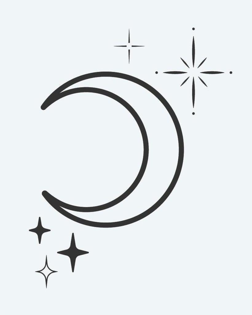 Crescent Moon & Stars semi-permanent tattoo design by INKON – crescent, moon, twinkling, stars, sparkle illustration, 2 x 2 in (5x5cm), available at inkon.co