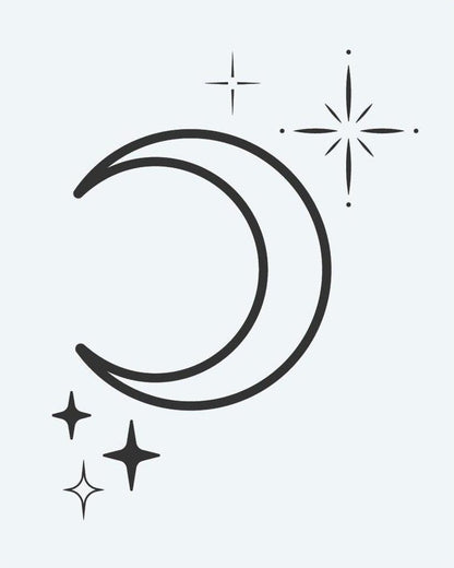 Crescent Moon & Stars semi-permanent tattoo design by INKON – crescent, moon, twinkling, stars, sparkle illustration, 2 x 2 in (5x5cm), available at inkon.co