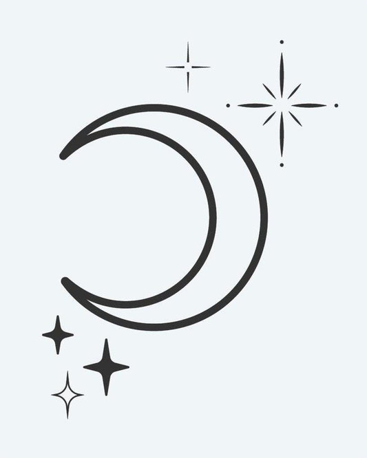 Crescent Moon & Stars semi-permanent tattoo design by INKON – crescent, moon, twinkling, stars, sparkle illustration, 2 x 2 in (5x5cm), available at inkon.co