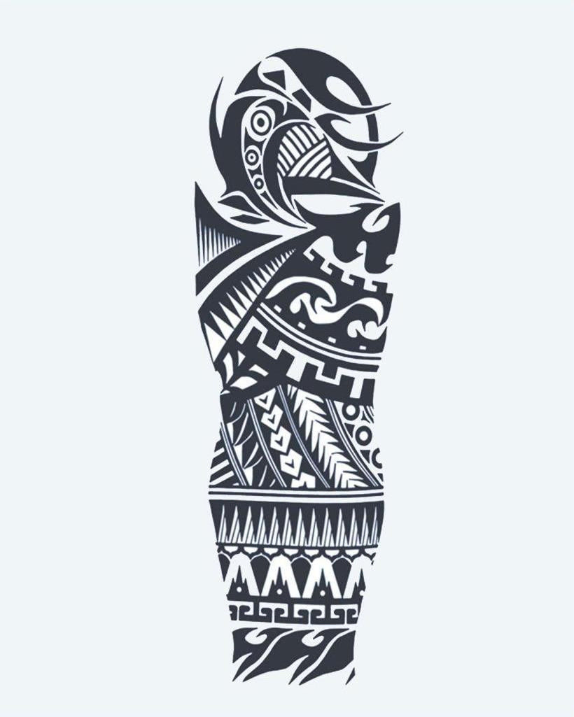 Samoan Tribal semi-permanent tattoo design by INKON – samoan, tribal, full, sleeve, geometric illustration, 8 x 20 in (20x50cm), available at inkon.co
