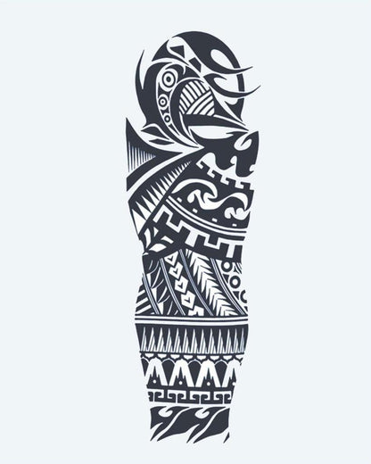 Samoan Tribal semi-permanent tattoo design by INKON – samoan, tribal, full, sleeve, geometric illustration, 8 x 20 in (20x50cm), available at inkon.co