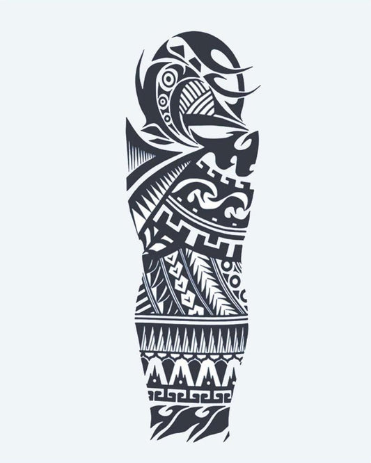 Samoan Tribal semi-permanent tattoo design by INKON – samoan, tribal, full, sleeve, geometric illustration, 8 x 20 in (20x50cm), available at inkon.co