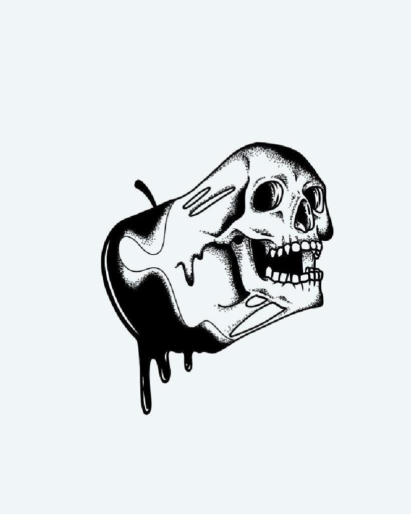 Forbidden Fruit Skull semi-permanent tattoo design by INKON – illustrative, blackwork, reveals, apple, melting illustration, 3 x 4 in (7x10cm), available at inkon.co