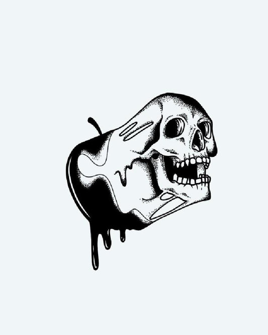 Forbidden Fruit Skull semi-permanent tattoo design by INKON – illustrative, blackwork, reveals, apple, melting illustration, 3 x 4 in (7x10cm), available at inkon.co