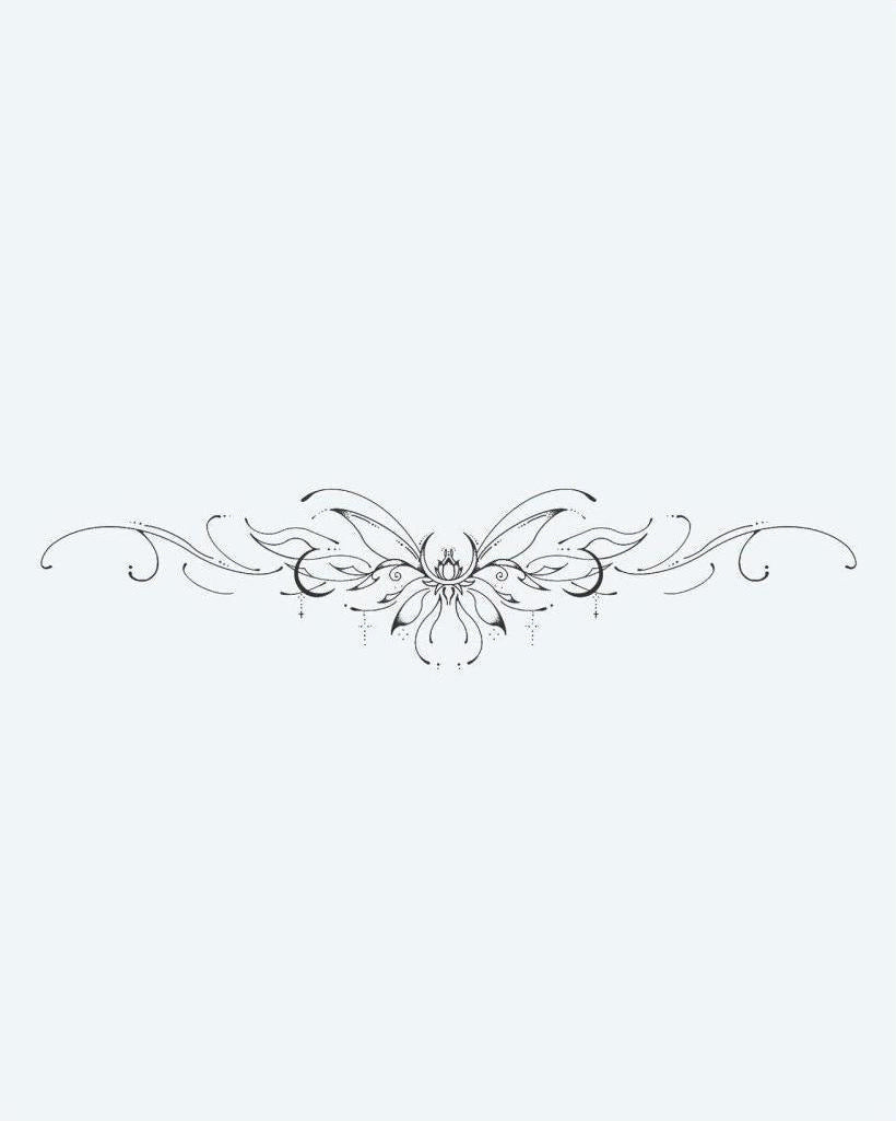 Lotus Flourish Band semi-permanent tattoo design by INKON – symmetrical, ornamental, central, lotus, flower illustration, 4 x 7 in (10x17cm), available at inkon.co