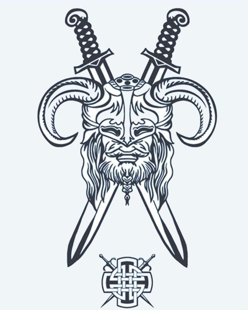 Viking Warrior & Swords semi-permanent tattoo design by INKON – horned, viking, warrior, face, long illustration, 4 x 7 in (10x17cm), available at inkon.co