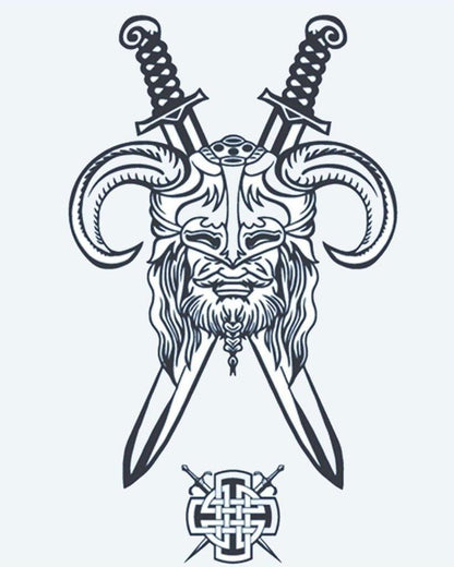 Viking Warrior & Swords semi-permanent tattoo design by INKON – horned, viking, warrior, face, long illustration, 4 x 7 in (10x17cm), available at inkon.co