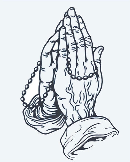 Praying Hands with Rosary semi-permanent tattoo design by INKON – praying, hands, wrapped, rosary, timeless illustration, 4 x 7 in (10x17cm), available at inkon.co