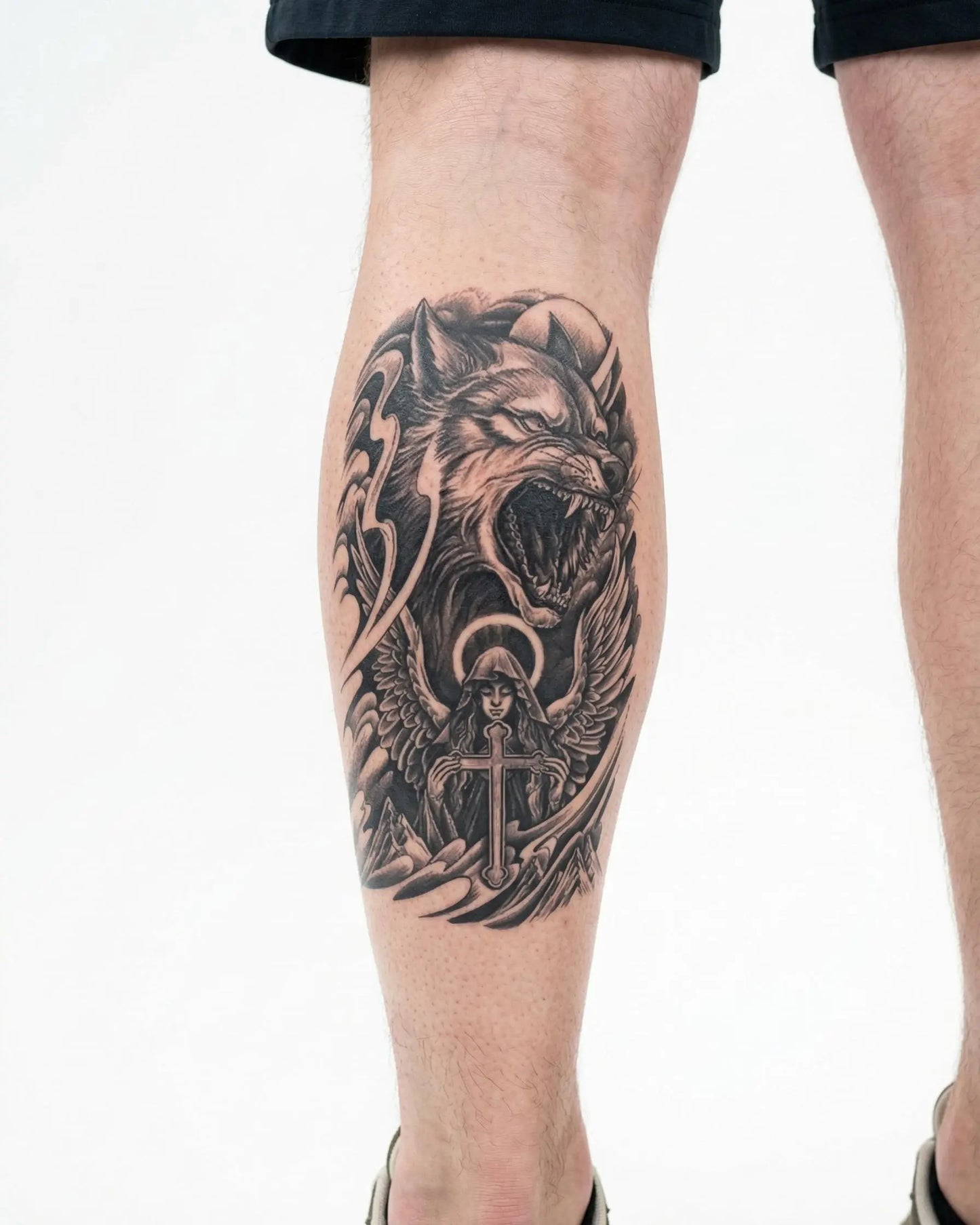INKON Wolf & Guardian Angel semi-permanent tattoo applied on a man – 4 x 7 in (10x17cm) design, realistic ink look, lasts 10 days