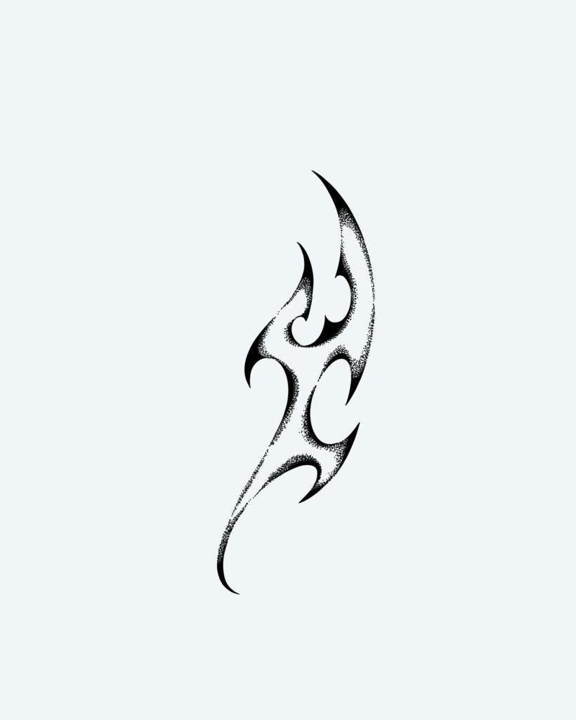Neo-Tribal Flame semi-permanent tattoo design by INKON – dotwork, shading, depth, abstract, tribal illustration, 4 x 7 in (10x17cm), available at inkon.co