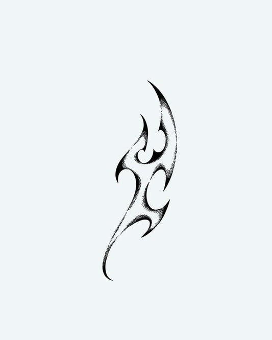 Neo-Tribal Flame semi-permanent tattoo design by INKON – dotwork, shading, depth, abstract, tribal illustration, 4 x 7 in (10x17cm), available at inkon.co