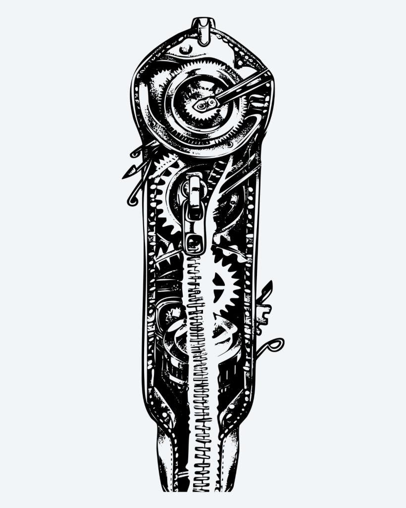 Steampunk Mechanical Gears semi-permanent tattoo design by INKON – steampunk, exposed, gears, cogs, springs illustration, 8 x 20 in (20x50cm), available at inkon.co