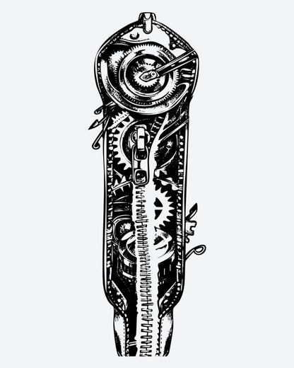 Steampunk Mechanical Gears semi-permanent tattoo design by INKON – steampunk, exposed, gears, cogs, springs illustration, 8 x 20 in (20x50cm), available at inkon.co