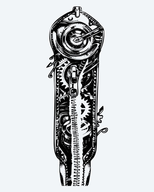 Steampunk Mechanical Gears semi-permanent tattoo design by INKON – steampunk, exposed, gears, cogs, springs illustration, 8 x 20 in (20x50cm), available at inkon.co