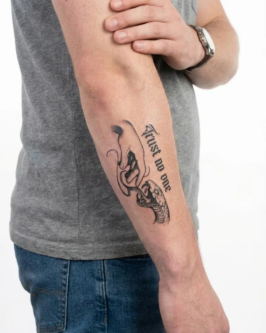 INKON Trust No One Snake Bite semi-permanent tattoo applied on a man – 4 x 7 in (10x17cm) design, realistic ink look, lasts 10 days