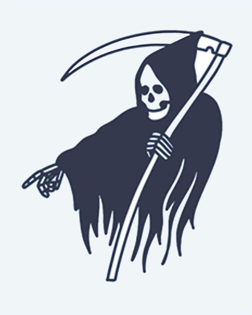 Grim Reaper 2 semi-permanent tattoo design by INKON – hooded, grim, reaper, holding, large illustration, 2 x 2 in (5x5cm), available at inkon.co