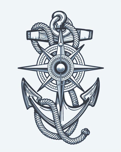 Anchor & Compass Rose semi-permanent tattoo design by INKON – nautical, anchor, compass, rose, wrapped illustration, 4 x 7 in (10x17cm), available at inkon.co