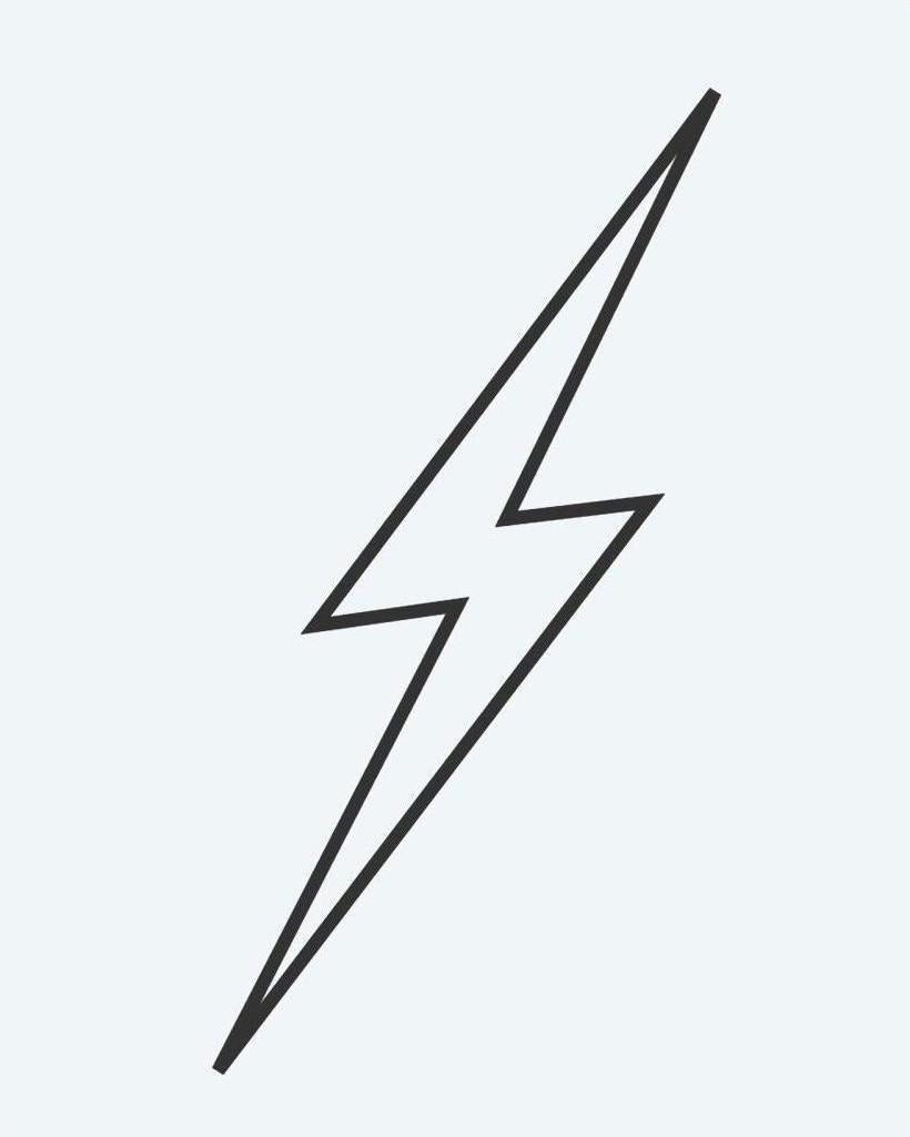 Thin Lightning Bolt semi-permanent tattoo design by INKON – elongated, lightning, bolt, minimal, fine illustration, 2 x 2 in (5x5cm), available at inkon.co