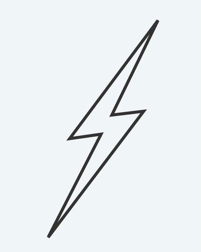 Thin Lightning Bolt semi-permanent tattoo design by INKON – elongated, lightning, bolt, minimal, fine illustration, 2 x 2 in (5x5cm), available at inkon.co