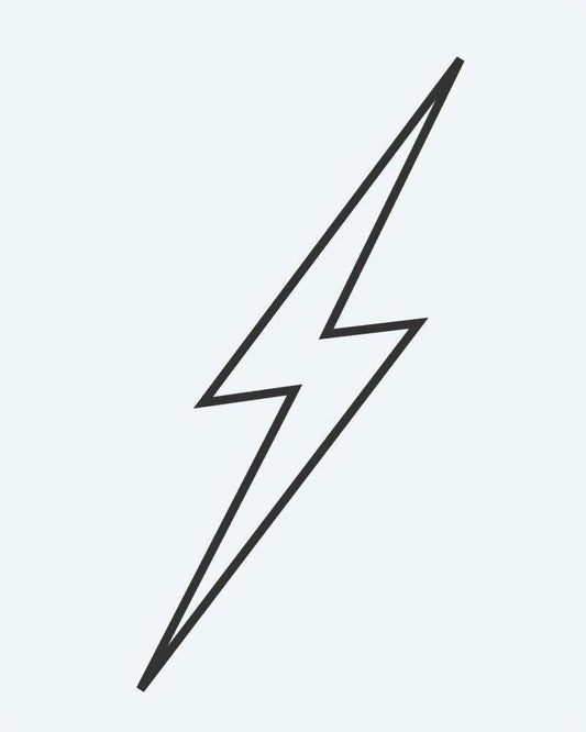 Thin Lightning Bolt semi-permanent tattoo design by INKON – elongated, lightning, bolt, minimal, fine illustration, 2 x 2 in (5x5cm), available at inkon.co