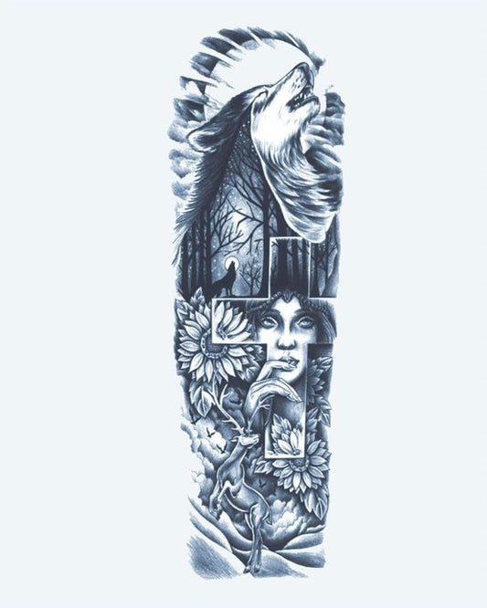 Howling Wolf & Forest Woman semi-permanent tattoo design by INKON – evocative, full, sleeve, howling, wolf illustration, 8 x 20 in (20x50cm), available at inkon.co