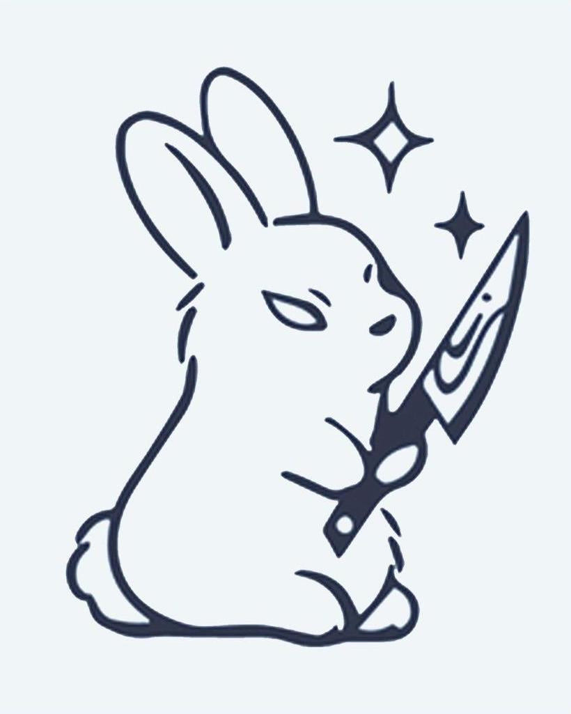 Killer Bunny semi-permanent tattoo design by INKON – adorable, menacing, bunny, holding, knife illustration, 2 x 2 in (5x5cm), available at inkon.co