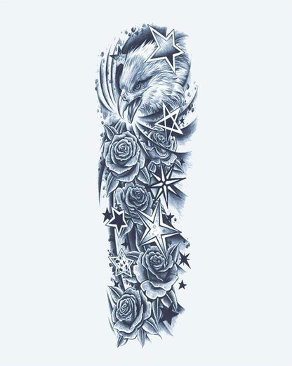 Eagle, Stars & Roses semi-permanent tattoo design by INKON – full, sleeve, eagle, scattered, stars illustration, 8 x 20 in (20x50cm), available at inkon.co