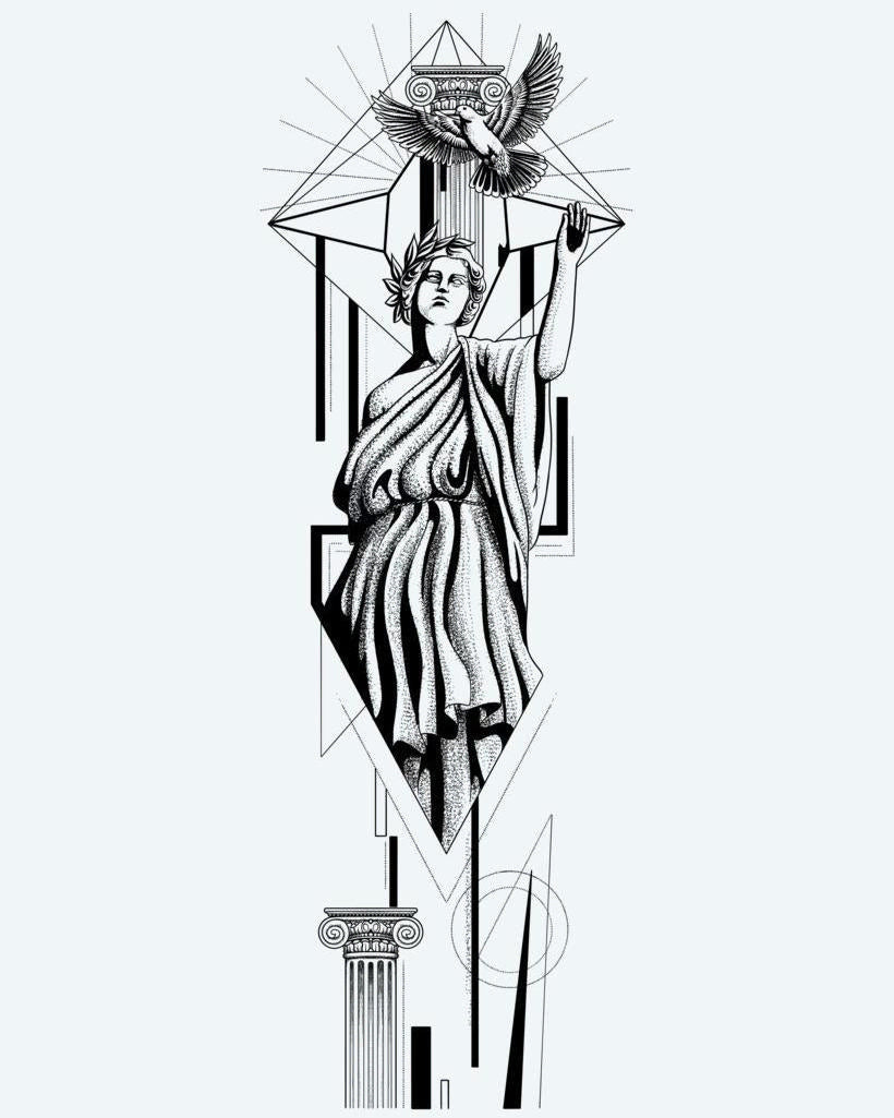 Greek Goddess & Dove semi-permanent tattoo design by INKON – classical, greek, goddess, releasing, dove illustration, 8 x 20 in (20x50cm), available at inkon.co