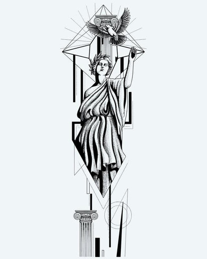 Greek Goddess & Dove semi-permanent tattoo design by INKON – classical, greek, goddess, releasing, dove illustration, 8 x 20 in (20x50cm), available at inkon.co