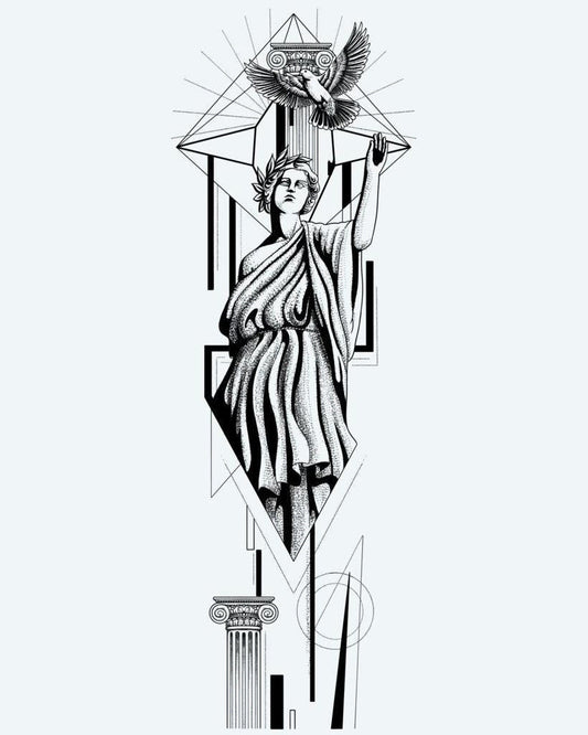 Greek Goddess & Dove semi-permanent tattoo design by INKON – classical, greek, goddess, releasing, dove illustration, 8 x 20 in (20x50cm), available at inkon.co