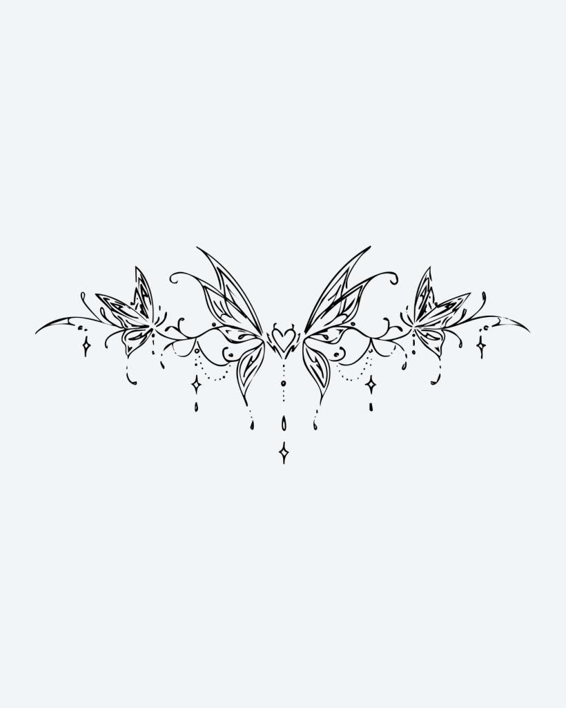 Butterfly Heart Band semi-permanent tattoo design by INKON – symmetrical, butterfly, band, heart, center illustration, 4 x 8 in (11x21cm), available at inkon.co