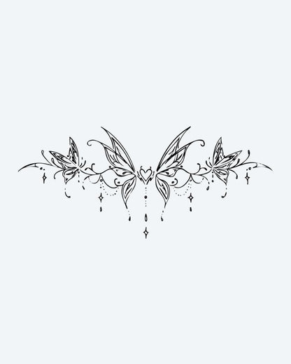 Butterfly Heart Band semi-permanent tattoo design by INKON – symmetrical, butterfly, band, heart, center illustration, 4 x 8 in (11x21cm), available at inkon.co
