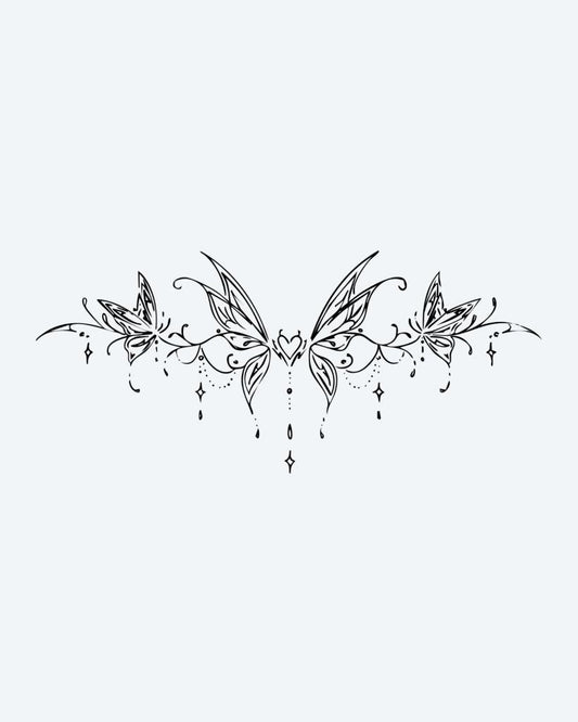 Butterfly Heart Band semi-permanent tattoo design by INKON – symmetrical, butterfly, band, heart, center illustration, 4 x 8 in (11x21cm), available at inkon.co