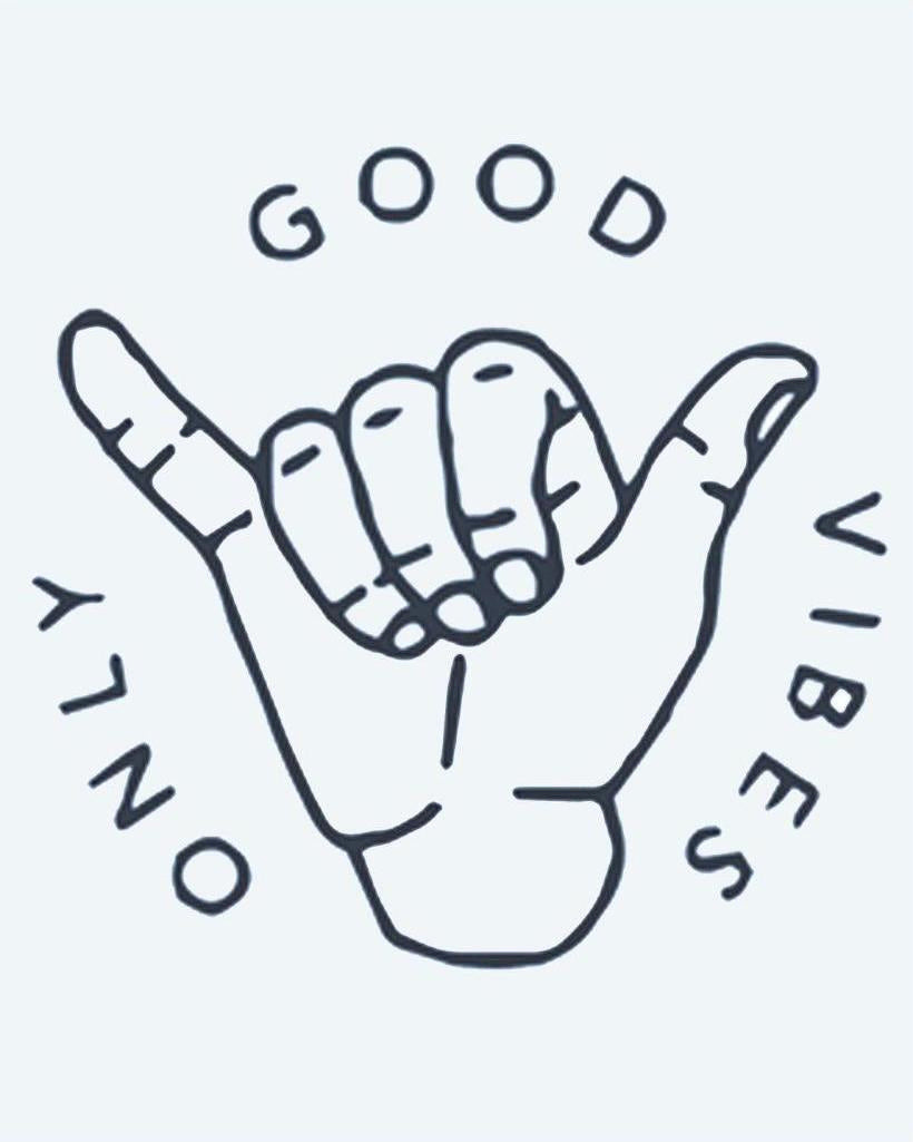 Good Vibes Only semi-permanent tattoo design by INKON – shaka, sign, surrounded, words, good illustration, 2 x 2 in (5x5cm), available at inkon.co
