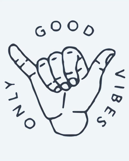 Good Vibes Only semi-permanent tattoo design by INKON – shaka, sign, surrounded, words, good illustration, 2 x 2 in (5x5cm), available at inkon.co