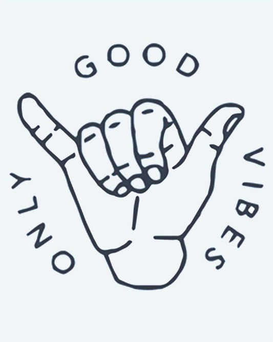 Good Vibes Only semi-permanent tattoo design by INKON – shaka, sign, surrounded, words, good illustration, 2 x 2 in (5x5cm), available at inkon.co