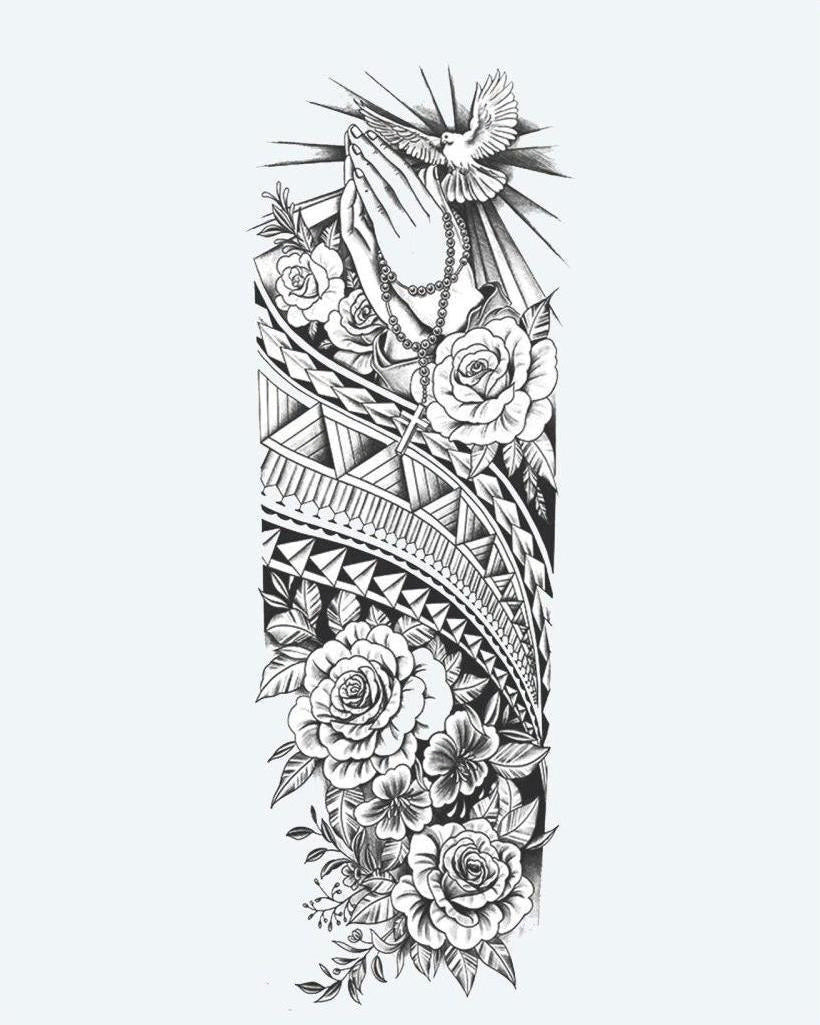 Praying Hands, Dove & Roses semi-permanent tattoo design by INKON – spiritual, full, sleeve, praying, hands illustration, 8 x 20 in (20x50cm), available at inkon.co