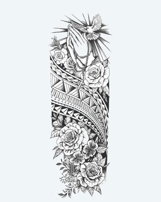 Praying Hands, Dove & Roses semi-permanent tattoo design by INKON – spiritual, full, sleeve, praying, hands illustration, 8 x 20 in (20x50cm), available at inkon.co