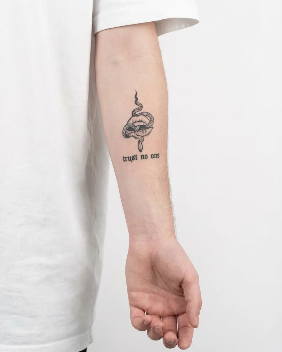 INKON Snake & Lips - Trust No One semi-permanent tattoo applied on a man – 3 x 4 in (6x11cm) design, realistic ink look, lasts 10 days