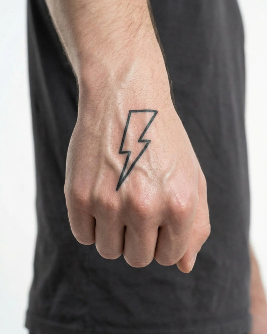 INKON Lightning Bolt 2 semi-permanent tattoo applied on a man – 2 x 2 in (5x5cm) design, realistic ink look, lasts 10 days