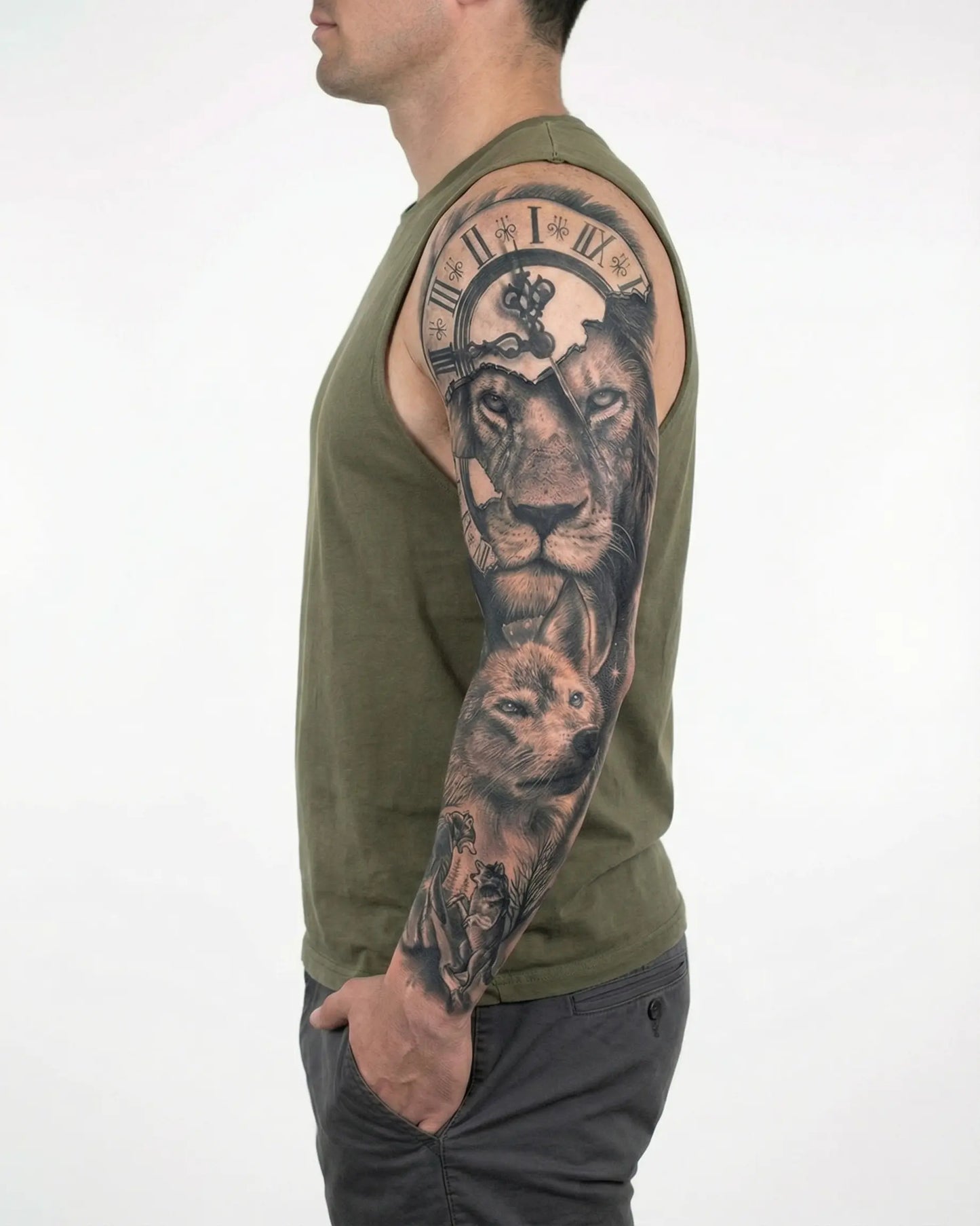INKON Lion, Wolf & Clock semi-permanent tattoo applied on a man – 8 x 20 in (20x50cm) design, realistic ink look, lasts 10 days
