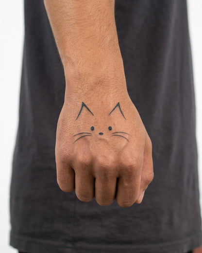 INKON Cat Face semi-permanent tattoo applied on a man – 2 x 2 in (5x5cm) design, realistic ink look, lasts 10 days