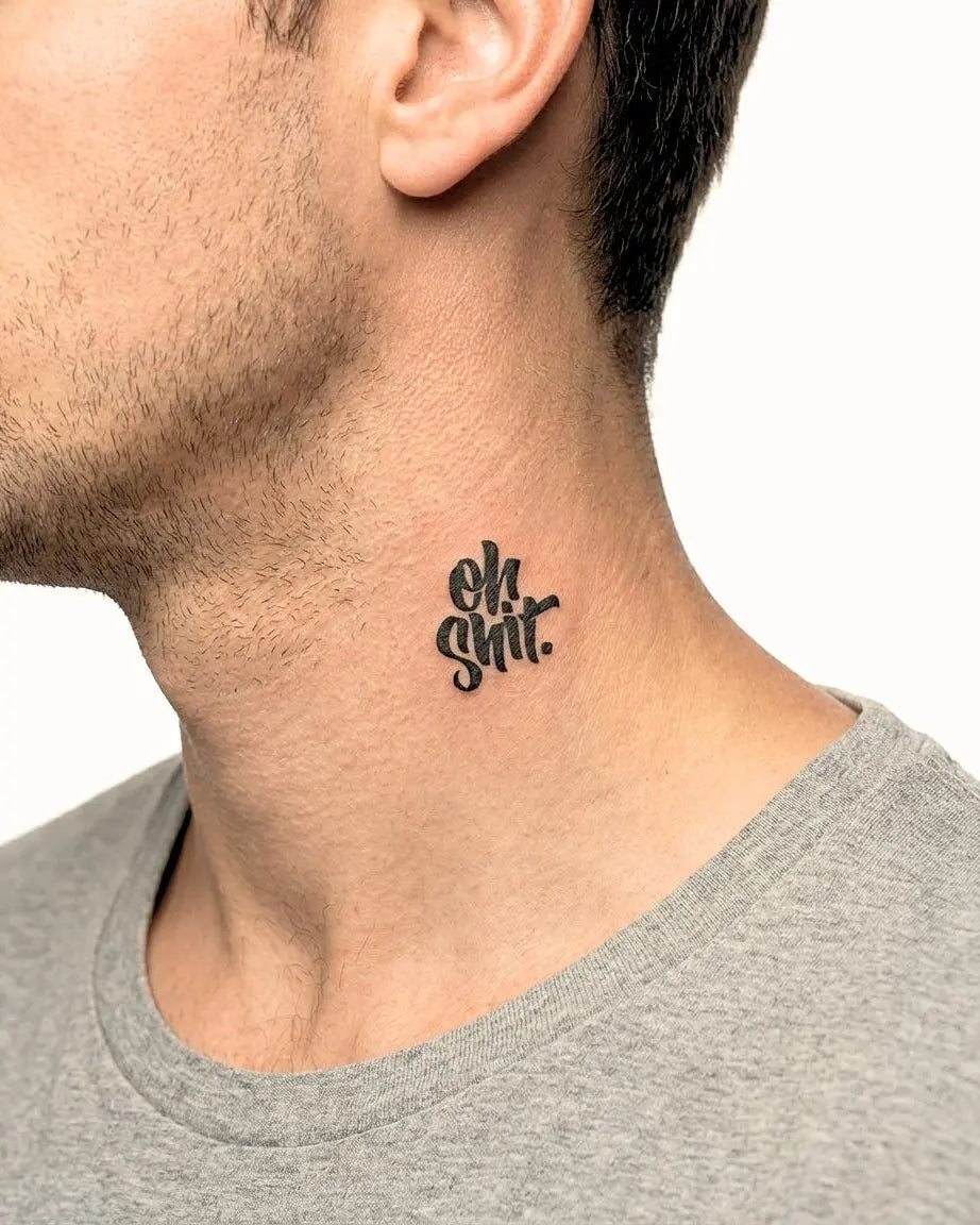 INKON Oh Shit Lettering semi-permanent tattoo applied on a man – 2 x 2 in (5x5cm) design, realistic ink look, lasts 10 days
