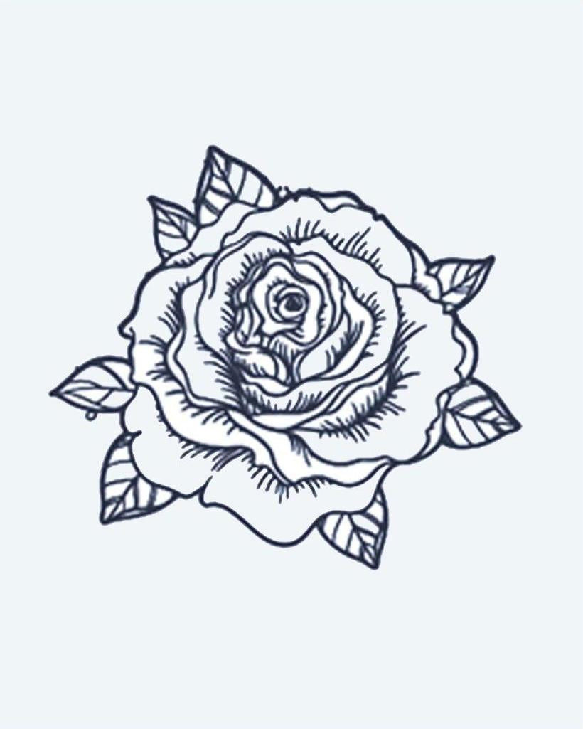 Blooming Rose semi-permanent tattoo design by INKON – open, blooming, rose, layered, petals illustration, 2 x 2 in (5x5cm), available at inkon.co