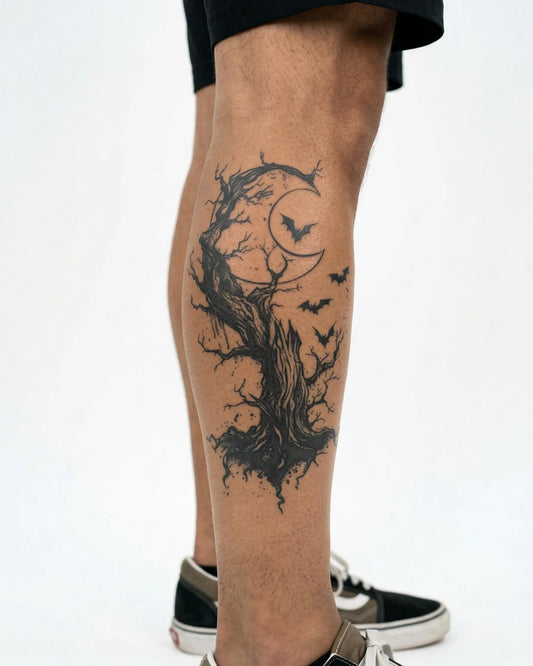 INKON Dead Tree, Moon & Bats semi-permanent tattoo applied on a man – 4 x 7 in (10x17cm) design, realistic ink look, lasts 10 days