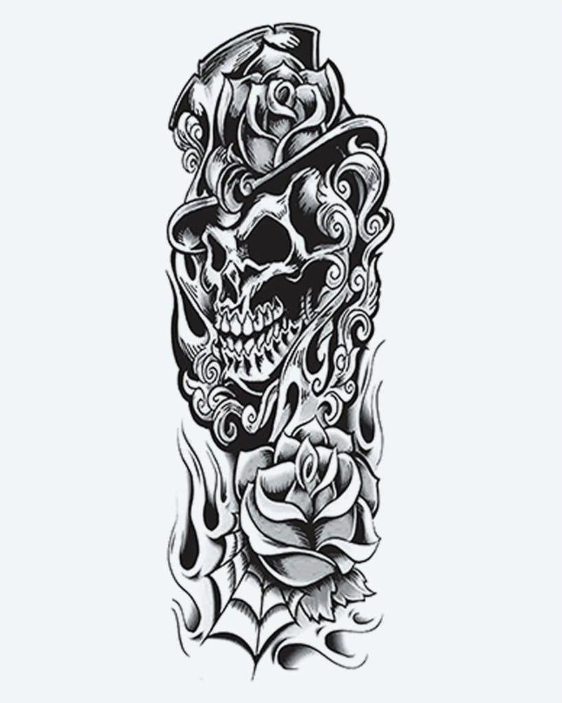 Skull in Top Hat & Roses semi-permanent tattoo design by INKON – grinning, skull, wearing, surrounded, ornate illustration, 8 x 20 in (20x50cm), available at inkon.co