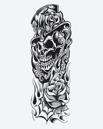 Skull in Top Hat & Roses semi-permanent tattoo design by INKON – grinning, skull, wearing, surrounded, ornate illustration, 8 x 20 in (20x50cm), available at inkon.co